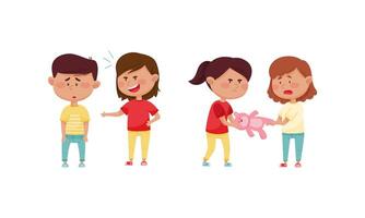 Warring Girl with Offensive Behavior Insulting Agemate Mocking and Taking Away His Toy Set vector