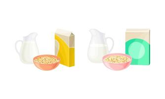 Breakfast Crunchy Cereal Poured in Bowl with Milk in Jug Set vector