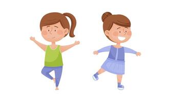 Kids doing sports set. Little girls skating and practicing yoga. Children physical activity cartoon illustration vector