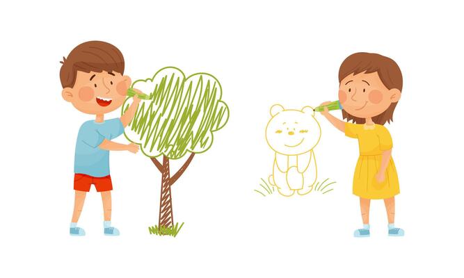 Cute kids painting tree and bear on wall. Little boy and girl with crayons cartoon illustration