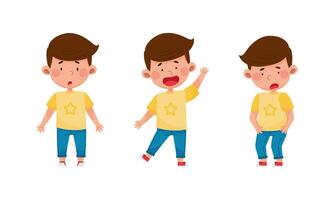 Cute boy showing different emotions set. Kid with surprised, bored and happy face expression cartoon illustration vector