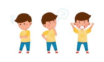 Cute boy showing different emotions set. Kid with angry, thoughtful and ecstatic face expression cartoon illustration vector