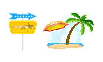 Tropical summer beach objects set. Palm tree and wooden pointer illustration vector