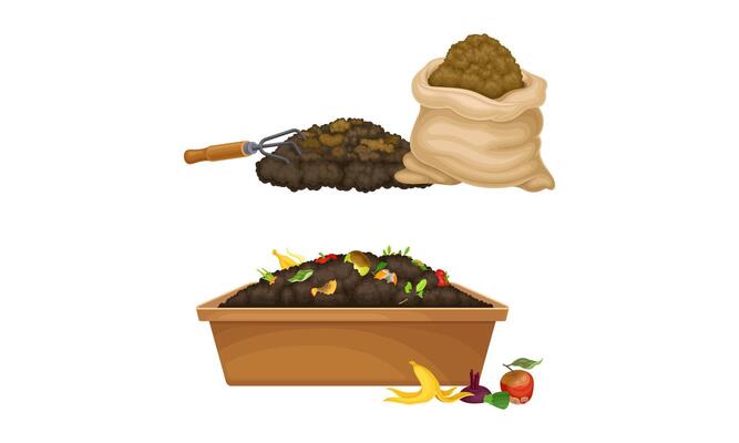 Organic fertilizers for gardening, farming and agriculture industry set. Compost box with bio recycling garbage and humus illustration