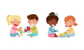 Kids playing together set. Boy and girl sitting on floor playing with doll, train and toy blocks cartoon illustration vector