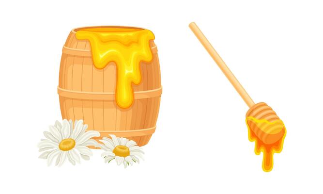 Beekeeping set. Wooden barrel of honey and wooden dipper with dripping liquid honey illustration