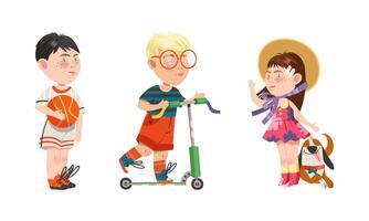 Set of kids hobbies. Children playing with ball, riding kick scooter and walking with dog cartoon illustration vector