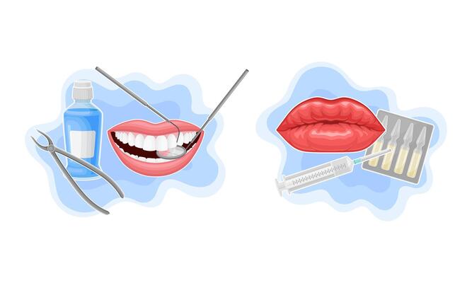 Dental care and lips injection with hyaluronic acid filler illustration