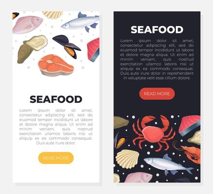 Seafood web banners set. Fresh organic sea products landing page, mobile application template illustration