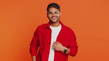 Happy lovely smiling young man looking at camera dreaming, resting, good news, feel satisfied video