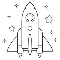 outlined rocket launching into space with planets and stars coloring page line art illustration vector