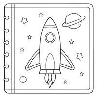 rocket ship launching into outer space with planets coloring page line art illustration vector