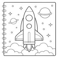rocket ship in space with planetary background drawing coloring page line art illustration vector