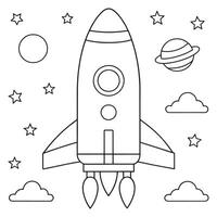 rocket launch with planets and starry sky coloring page line art illustration vector