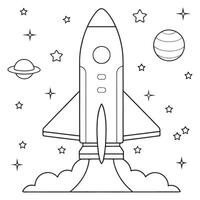 outlined spaceship launch with celestial background coloring page line art illustration vector