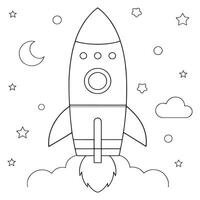 simple rocket ship in outer space with stars coloring page line art illustration vector