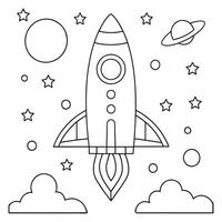 rocket launching from planet surface with stars and planets coloring page line art illustration vector