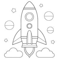 minimalist rocket with planets in background coloring page line art illustration vector