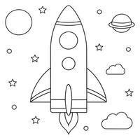 rocket launching into space with stars and clouds outline coloring page line art illustration vector