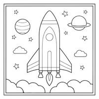 outlined rocket launching with stars and clouds coloring page line art illustration vector