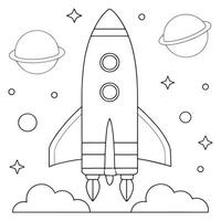 rocket launch line art with stars and clouds coloring page line art illustration vector