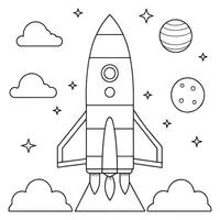 rocket launch line drawing with space elements coloring page line art illustration vector
