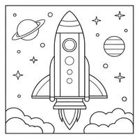 rocket launch into space with planetary sky coloring page line art illustration vector
