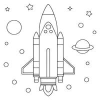 simple rocket launching into space with stars and planets coloring page line art illustration vector