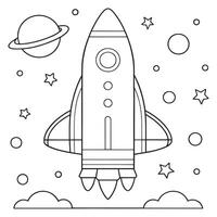 outlined rocket blasting into space with planets and stars coloring page line art illustration vector