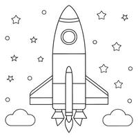 rocket flying into space with planetary background coloring page line art illustration vector