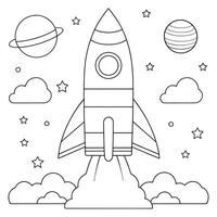 rocket launching into space with stars and planets coloring page line art illustration vector