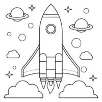 minimal rocket launching into space line sketch coloring page line art illustration vector