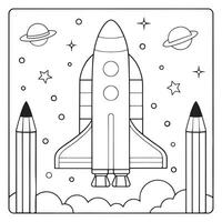 rocket ship in space with planets simple line drawing coloring page line art illustration vector
