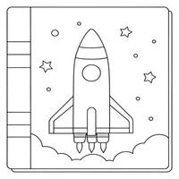 outlined rocket ship blasting into space with planets coloring page line art illustration vector