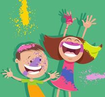 happy cartoon children having fun on party with color powders vector