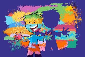 happy cartoon boy having fun on party with color powders vector