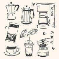 Coffee set with cups, coffee makers, grinders and beans. Coffee theme with different elements. vector