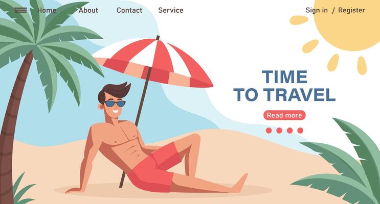 Time to travel landing page template. Young man sunbathing on the beach under an umbrella. Summer time, vacation concept. Travel illustration.