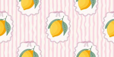Seamless lemons pattern on pink and white wavy stripes. Summer repeating fruit pattern. Mediterranean coastal design background. vector