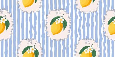Seamless lemons pattern on blue and white wavy stripes. Summer repeating fruit pattern. Mediterranean coastal design background. vector