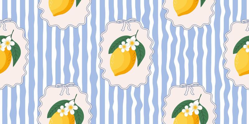 Seamless lemons pattern on blue and white wavy stripes. Summer repeating fruit pattern. Mediterranean coastal design background.