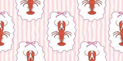 Seamless lobster pattern on pink and white wavy stripes. Summer repeating seafood pattern. Mediterranean coastal design background. vector