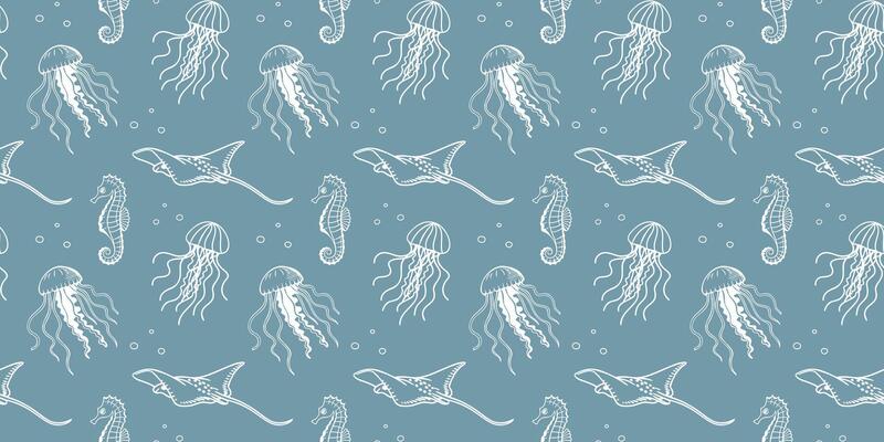 Seamless ocean life pattern with sea fish, jellyfish, shells and stars. Hand drawn marine elements on blue background for fabric, packaging.