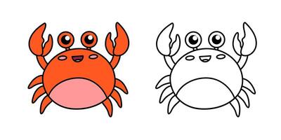 Cute cartoon crab with claws raised up. Black and white illustration for kids coloring book with example in color vector