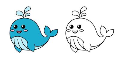Cute cartoon whale releases a fountain of water. Black and white illustration for kids coloring book with example in color vector