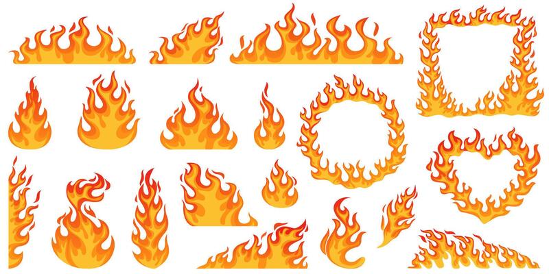 Set of burning fire, flame, blaze. Flame frame. Illustrations isolated on white background