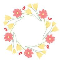 Yellow and red circular frame decorated with elegant tulips and other flowers. Abstract botanical artwork suitable for greeting cards, banners, and invitations vector