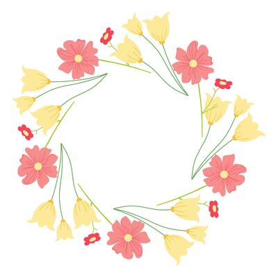 Yellow and red circular frame decorated with elegant tulips and other flowers. Abstract botanical artwork suitable for greeting cards, banners, and invitations