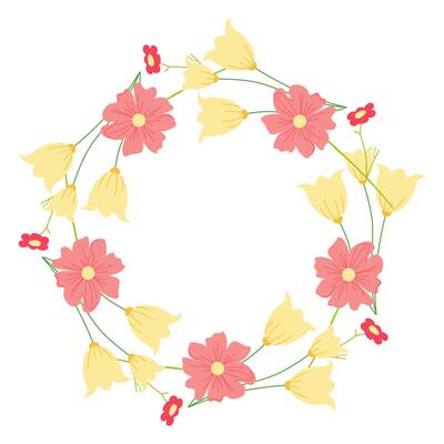 Round yellow and red border adorned with ornamental tulips and other flowers. Botanical illustration ideal for greeting cards, banners, and invitations