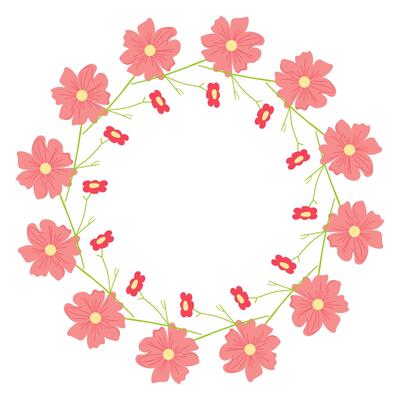 Red round frame featuring decorative flowers. Abstract botanical illustration ideal for greeting cards, banners, and invitations
